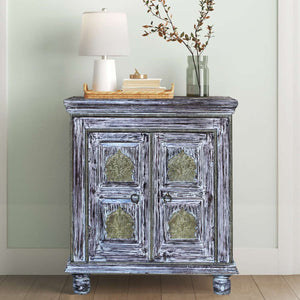 Distressed White 2 Door Small Cabinet With Brass Accents