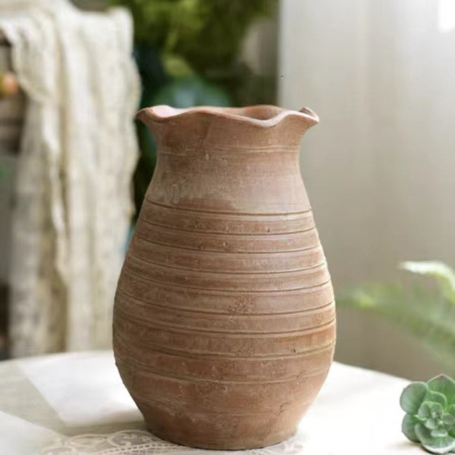 Sable Scalloped Crock, Terracotta Pot, Hand-Painted in Earthly Brown, 6.2"D x 9.4"H