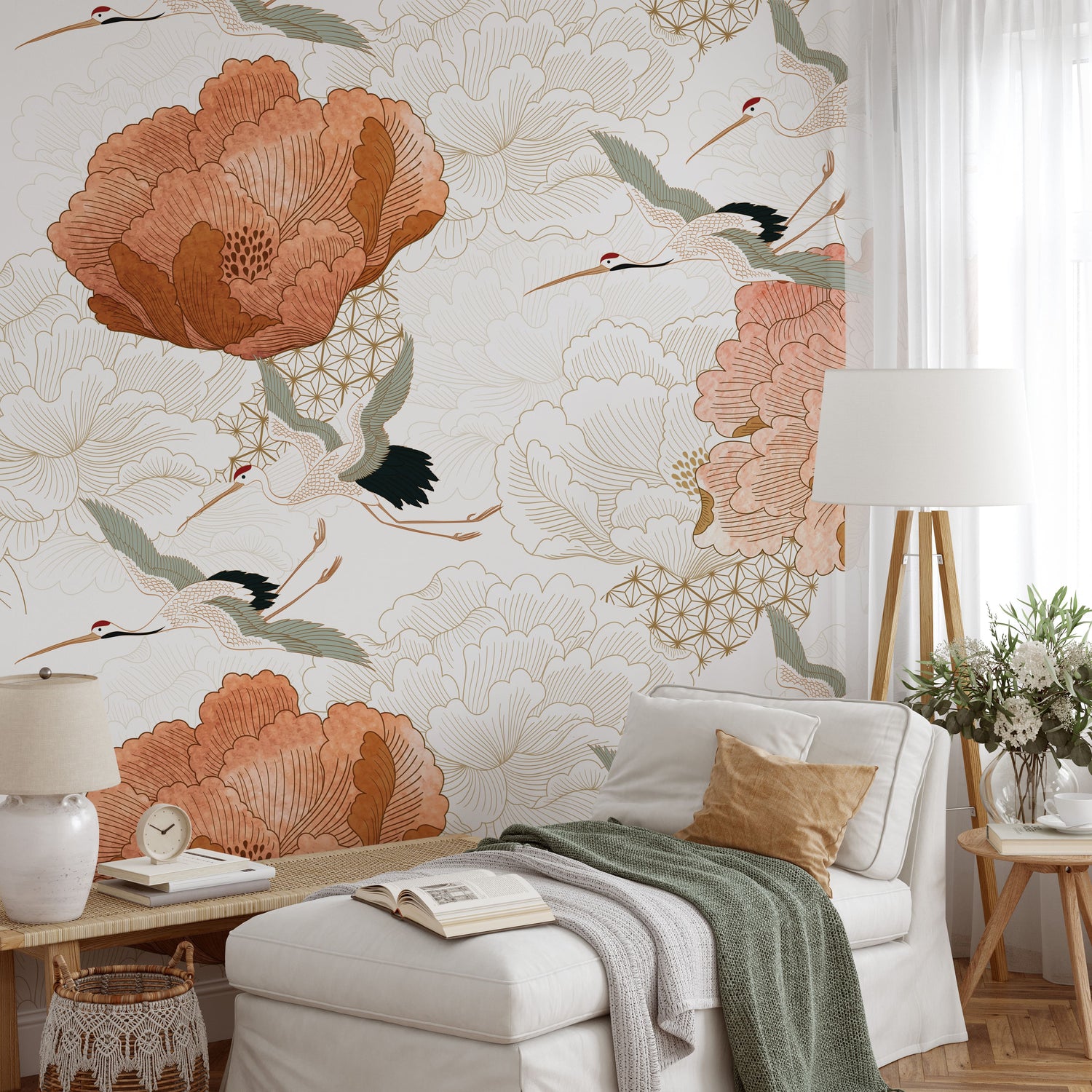 Crane Mural Wallpaper - Japanese Floral Wallpaper Mural - Vintage Peel and Stick Wallpaper