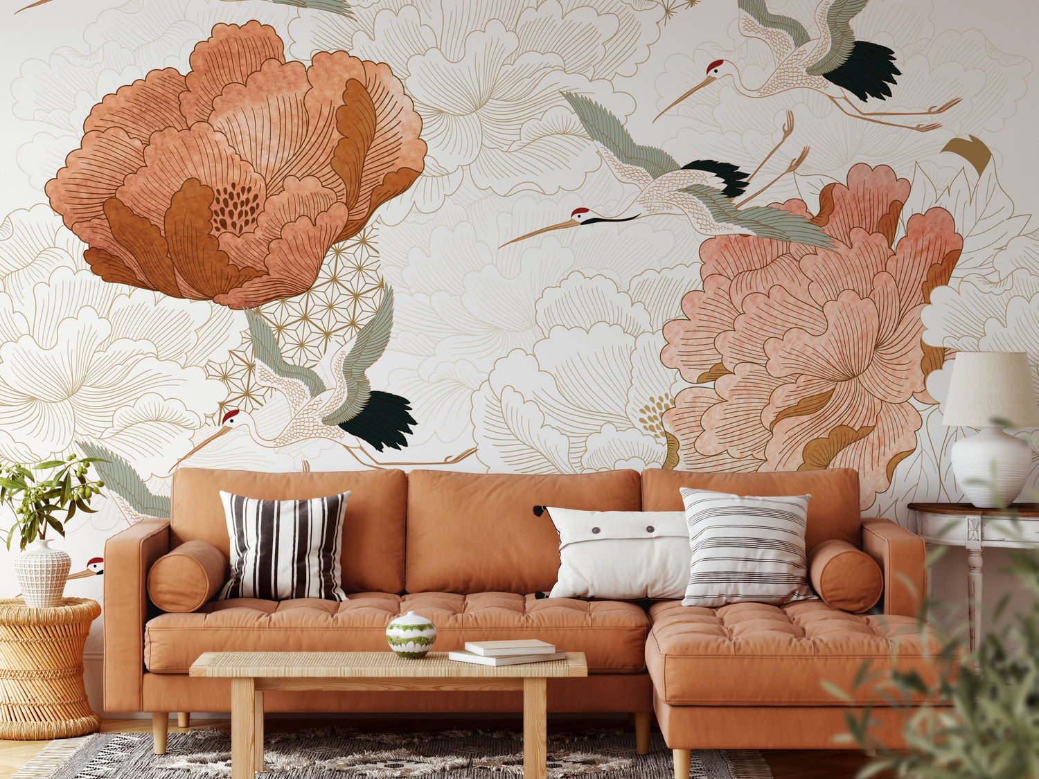 Crane Mural Wallpaper - Japanese Floral Wallpaper Mural - Vintage Peel and Stick Wallpaper
