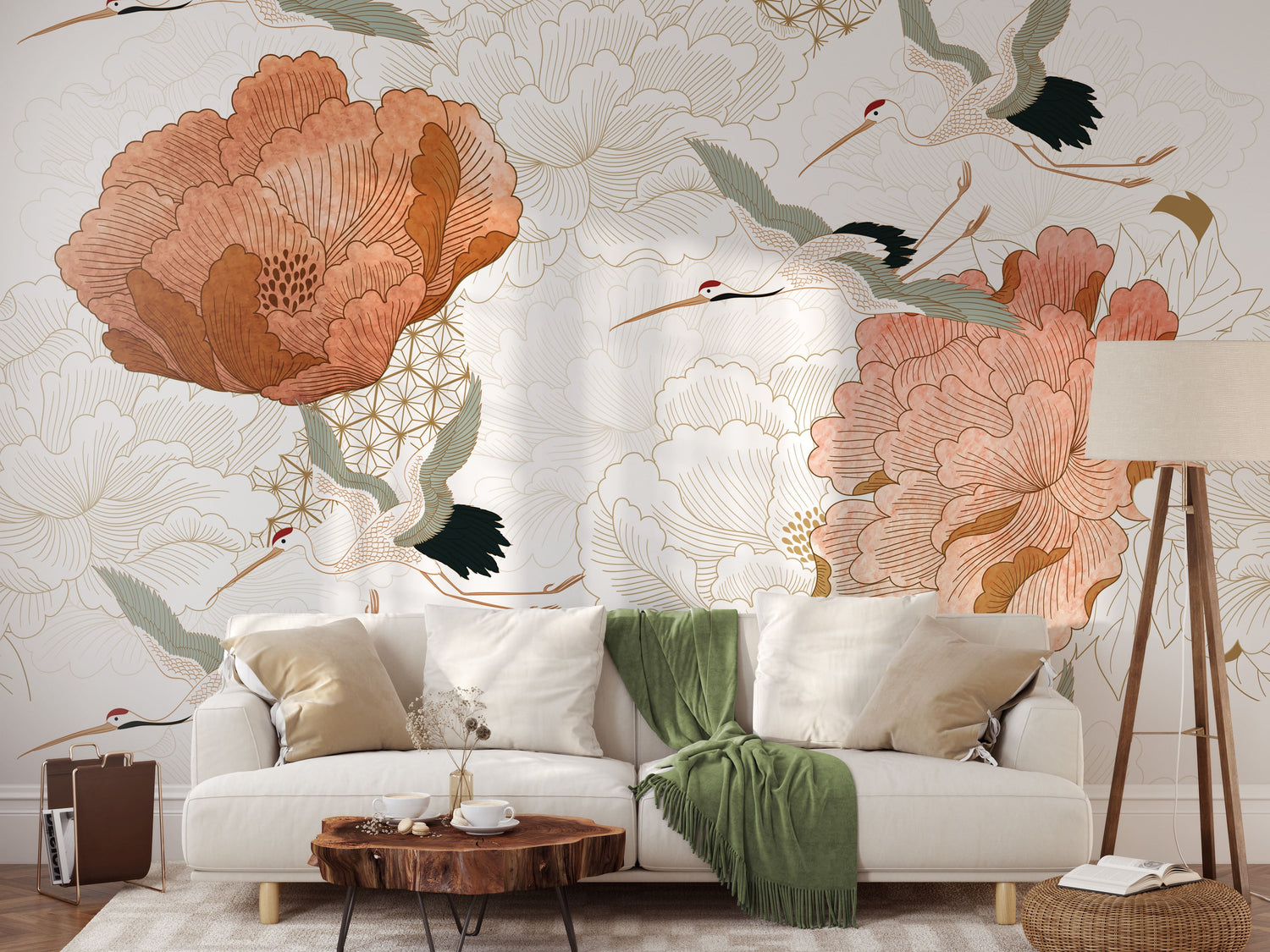 Crane Mural Wallpaper - Japanese Floral Wallpaper Mural - Vintage Peel and Stick Wallpaper