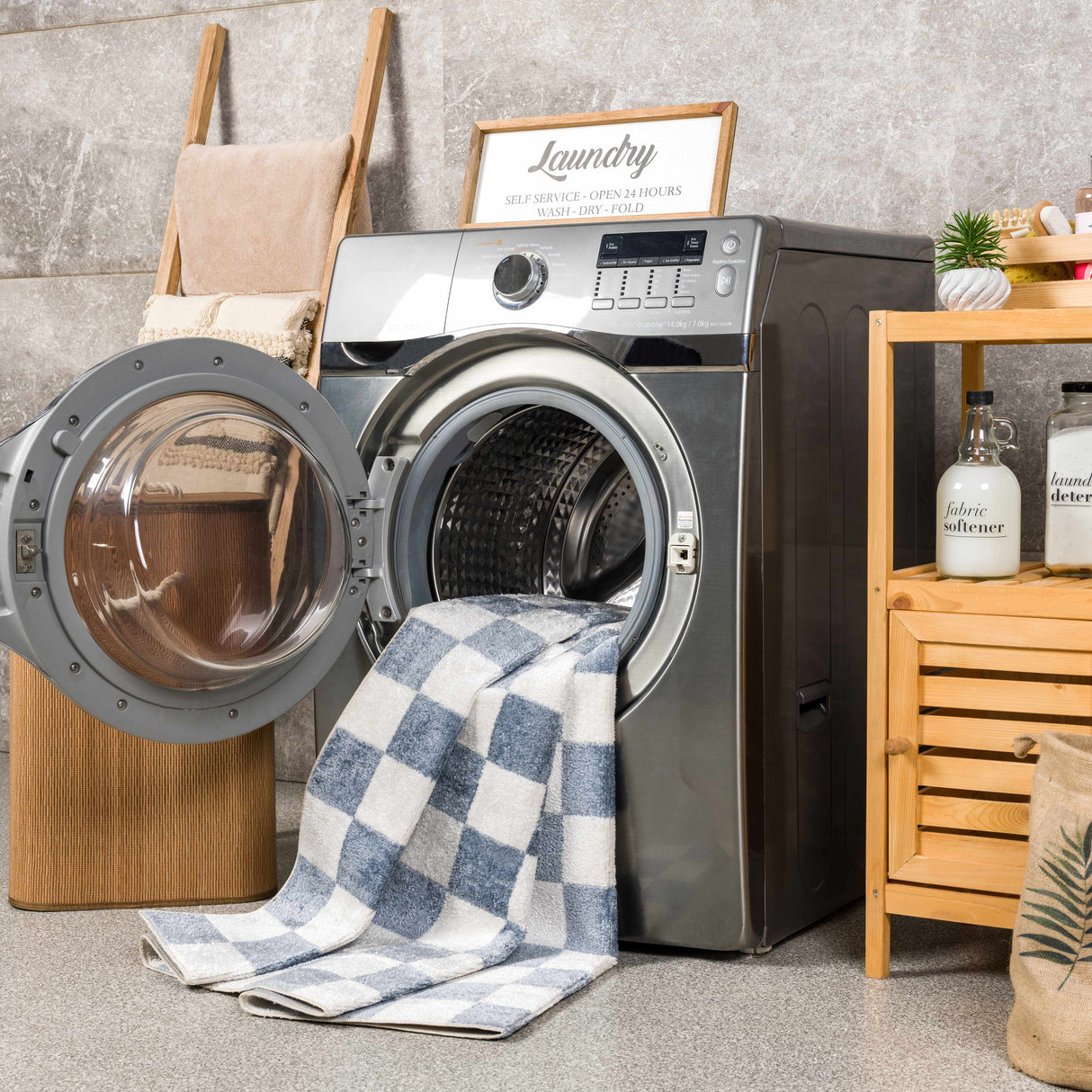 Brone Blue Checkered Washable Rug