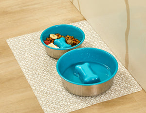 Slow Feeder Dog Bowl Blue - Anti Slip Stainless Steel