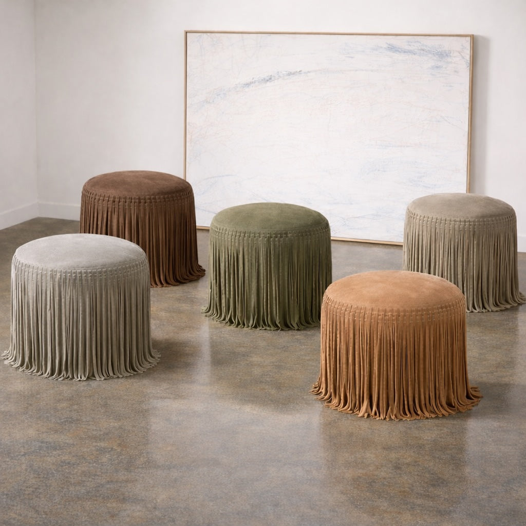 Suede Pouf w/ Fringe - Olive