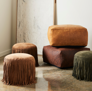 Handwoven Leather Pouf - Dark Brown