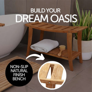 Taipei Natural Teak Shower and Bath Curved Spa Bench with Shelf