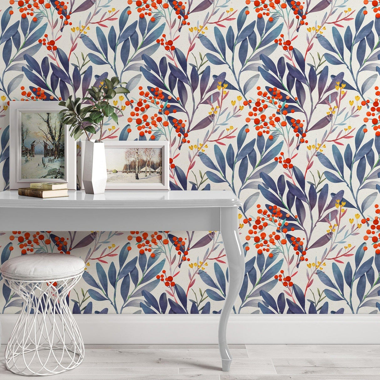 Berries and Blue Leaves Wallpaper
