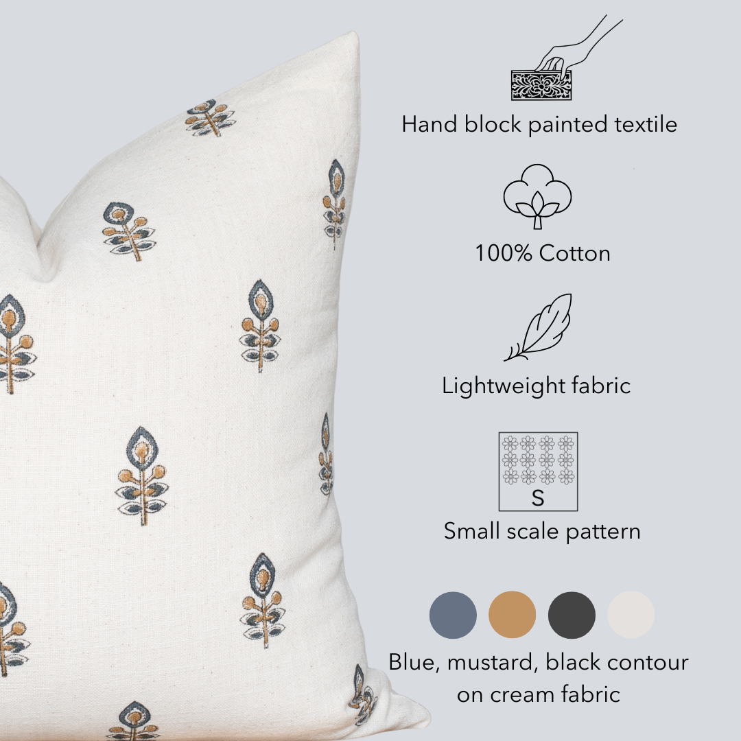 Marla Floral Block Printed Pillow Cover | Blue and Mustard