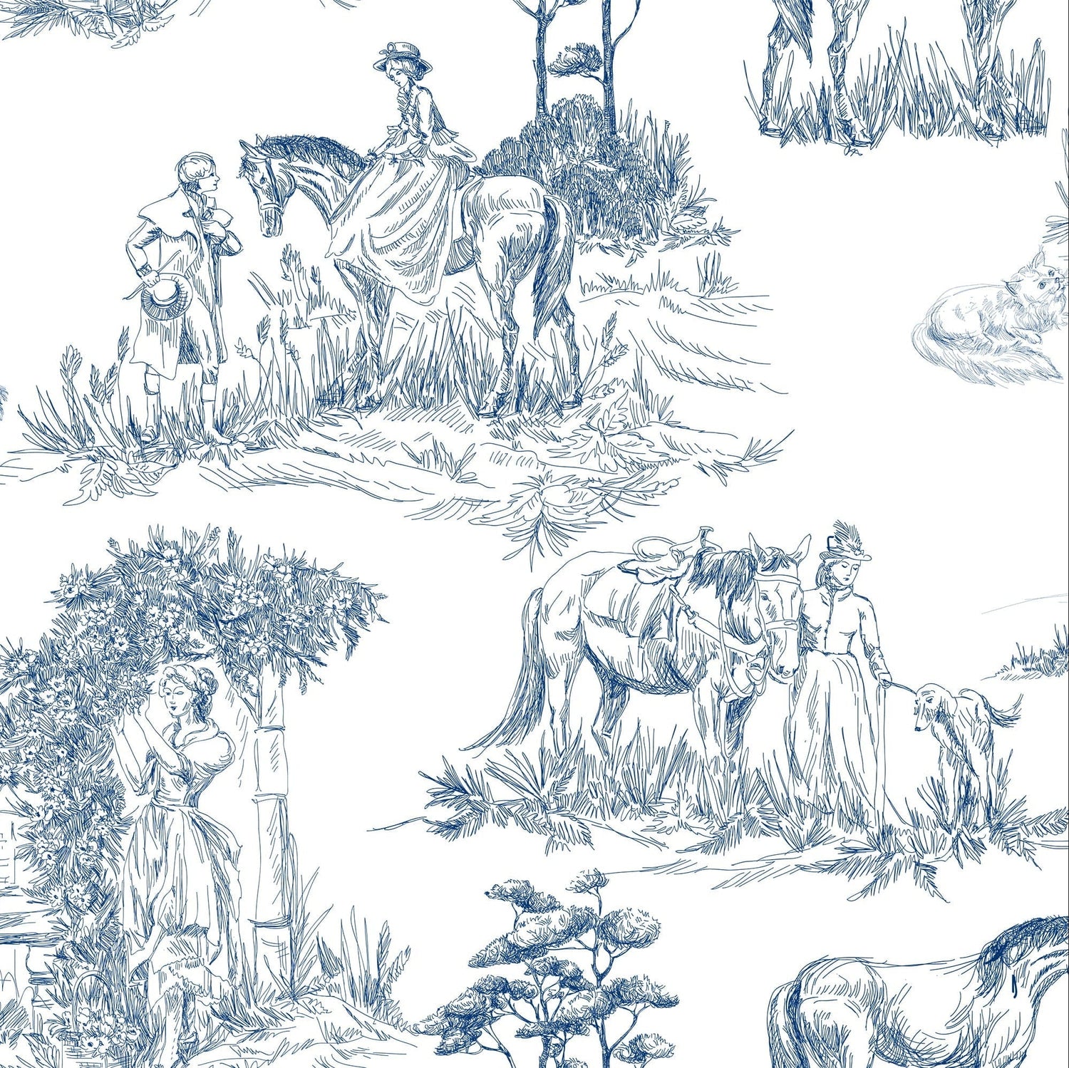 Classic Blue French Toile Wallpaper - Elegant Countryside Wallcovering