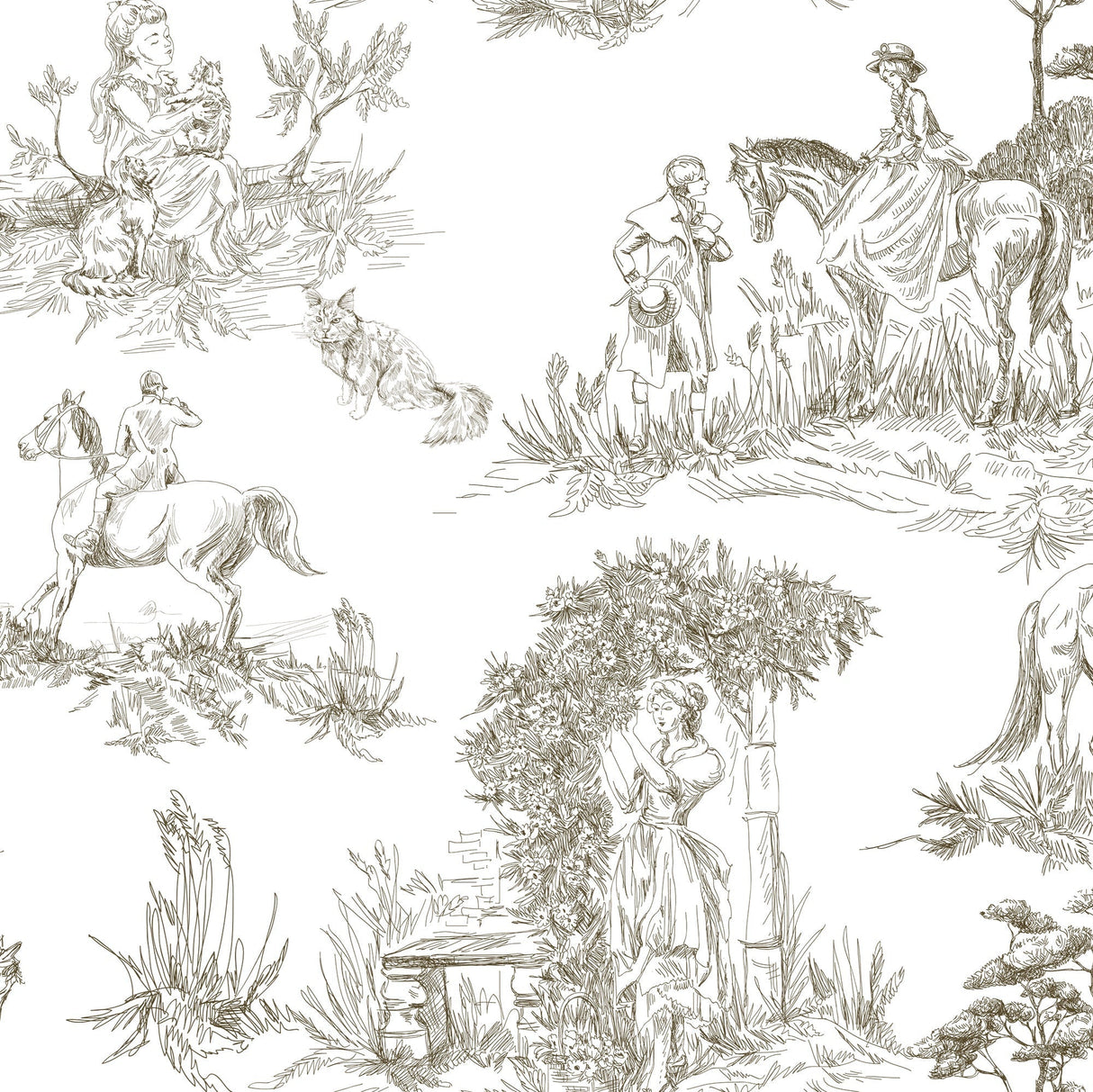 Luxury French Toile Wallpaper - Elegant Vintage Horse & Equestrian Wallcovering