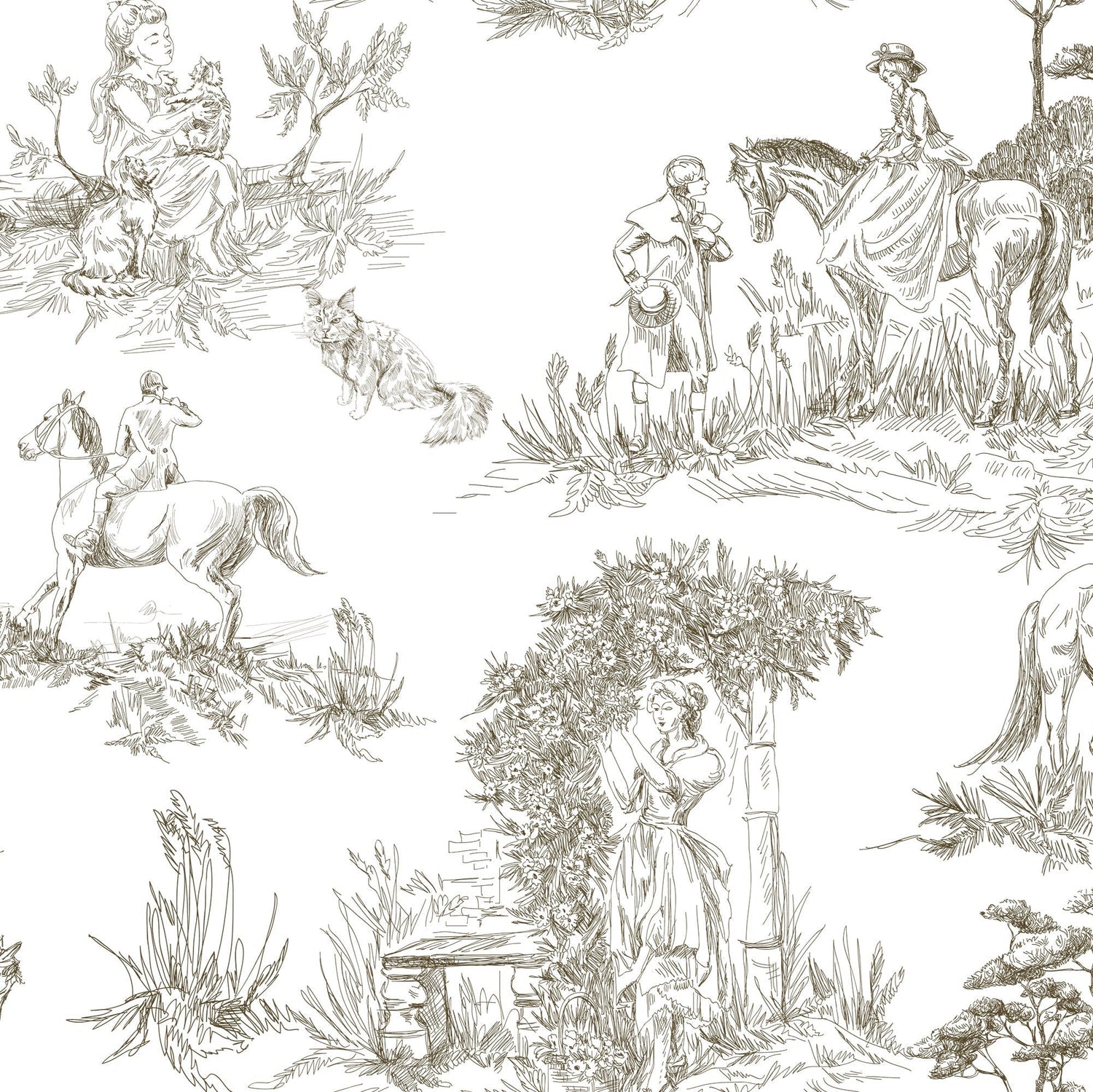 Luxury French Toile Wallpaper - Elegant Vintage Horse & Equestrian Wallcovering