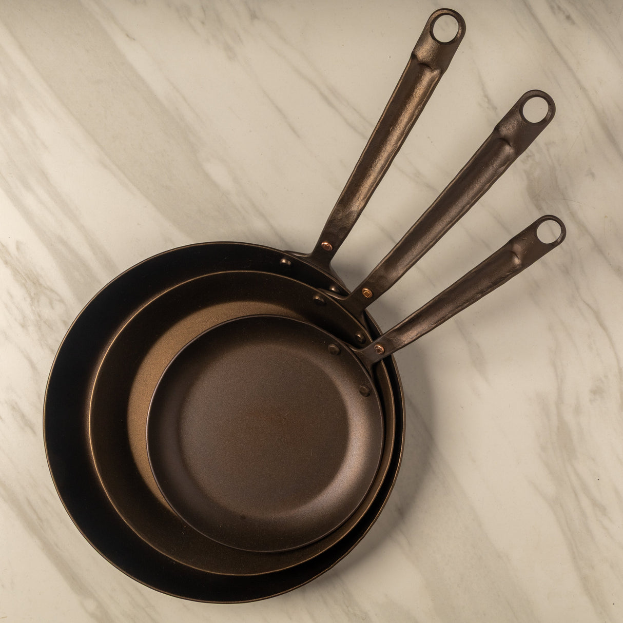 8",10",12" Round Carbon Steel Skillets Set - Hand Forged