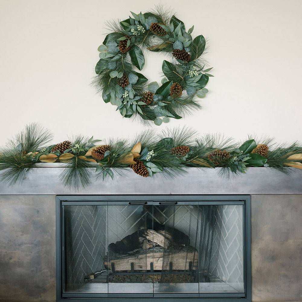 Lifelike 28" Faux Magnolia, Eucalyptus, Pinecone & Needle Pine Wreath for Seasonal Elegance