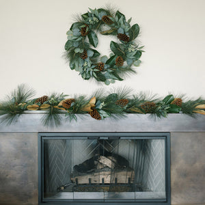 Lifelike 28" Faux Magnolia, Eucalyptus, Pinecone & Needle Pine Wreath for Seasonal Elegance