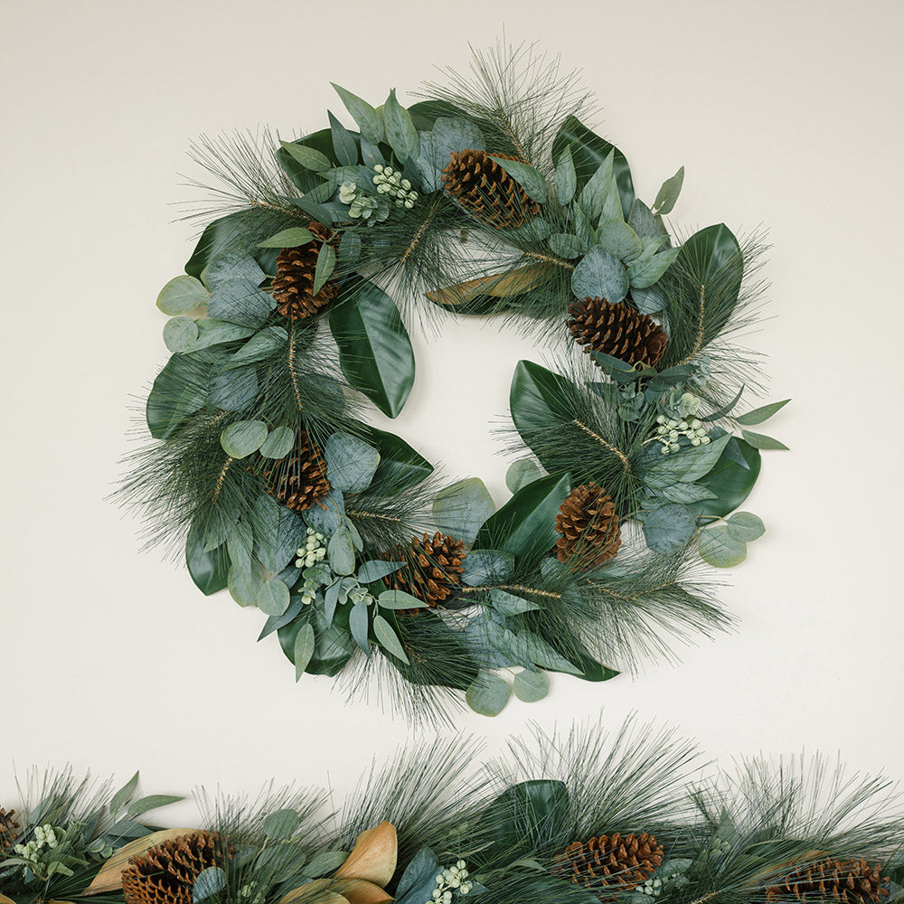 Lifelike 28" Faux Magnolia, Eucalyptus, Pinecone & Needle Pine Wreath for Seasonal Elegance
