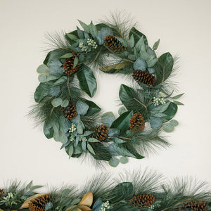 Lifelike 28" Faux Magnolia, Eucalyptus, Pinecone & Needle Pine Wreath for Seasonal Elegance