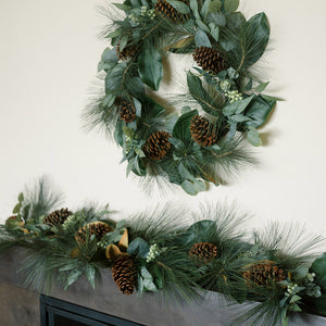 Lifelike 28" Faux Magnolia, Eucalyptus, Pinecone & Needle Pine Wreath for Seasonal Elegance