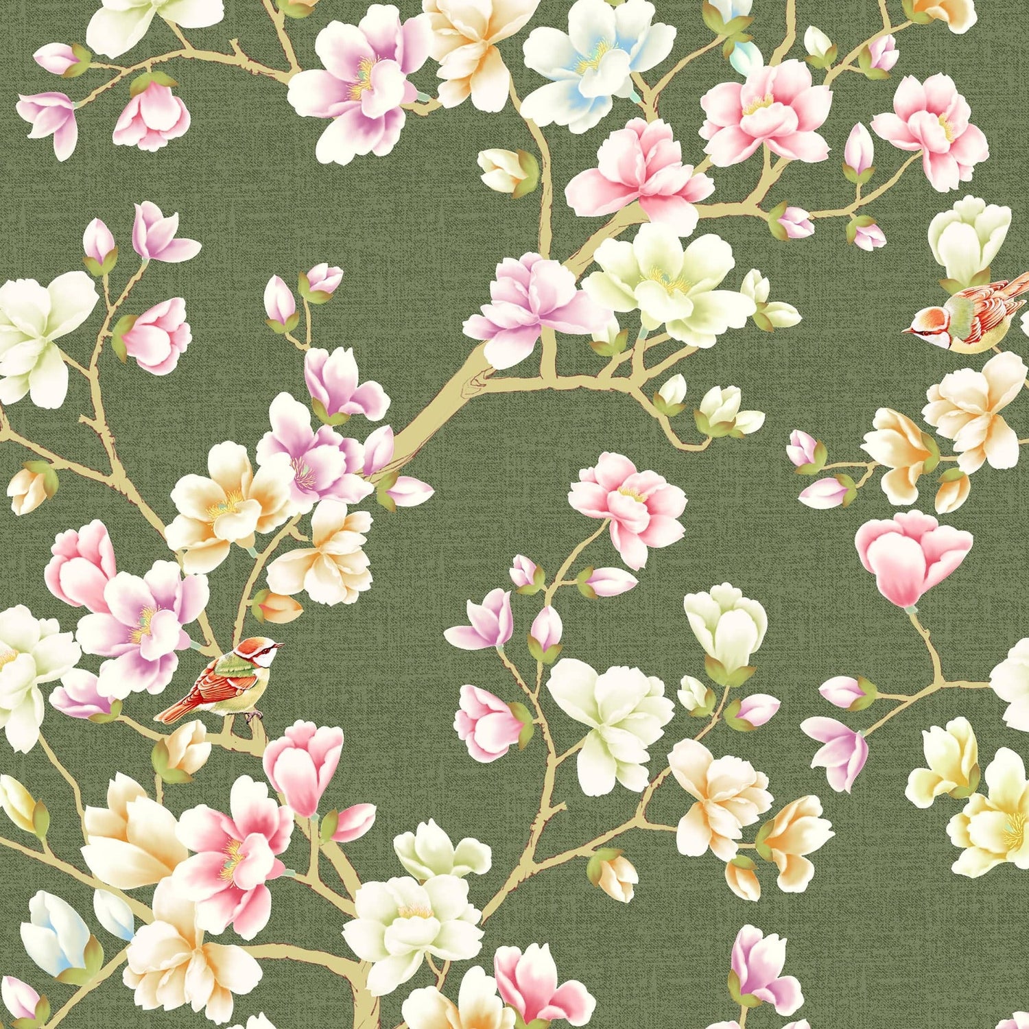 Green Vintage Floral Chinoiserie Wallpaper - Magnolia Flowers Wall Mural