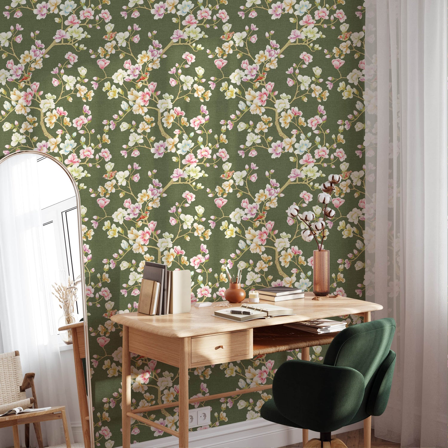 Green Vintage Floral Chinoiserie Wallpaper - Magnolia Flowers Wall Mural