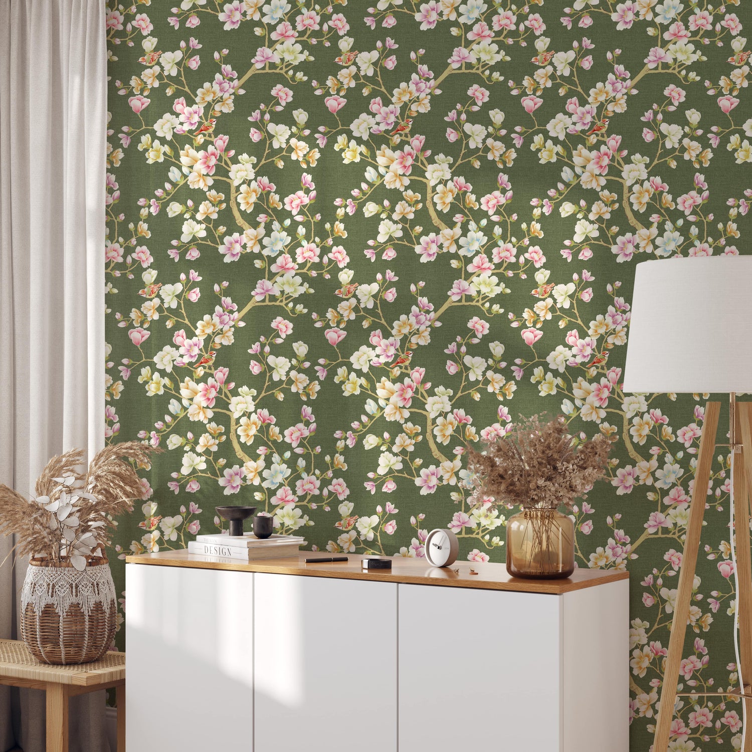Green Vintage Floral Chinoiserie Wallpaper - Magnolia Flowers Wall Mural