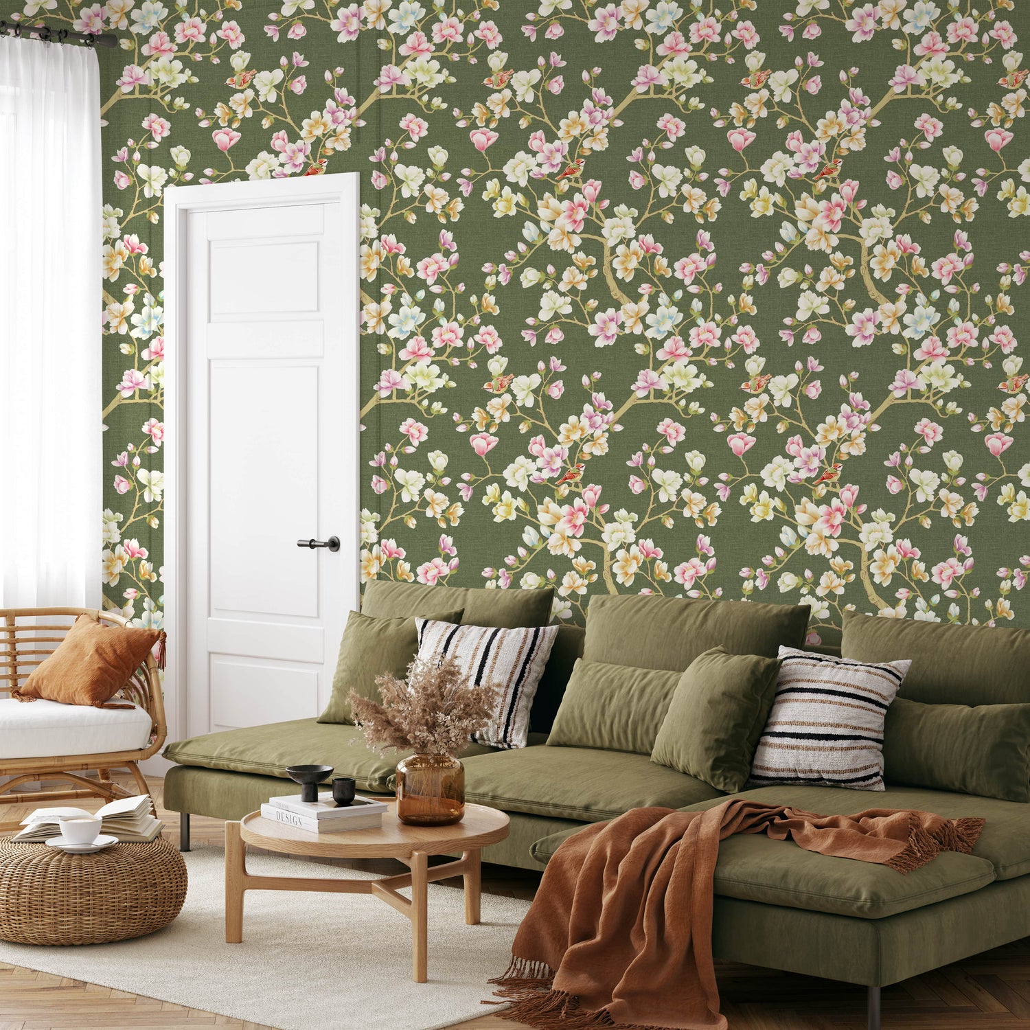 Green Vintage Floral Chinoiserie Wallpaper - Magnolia Flowers Wall Mural