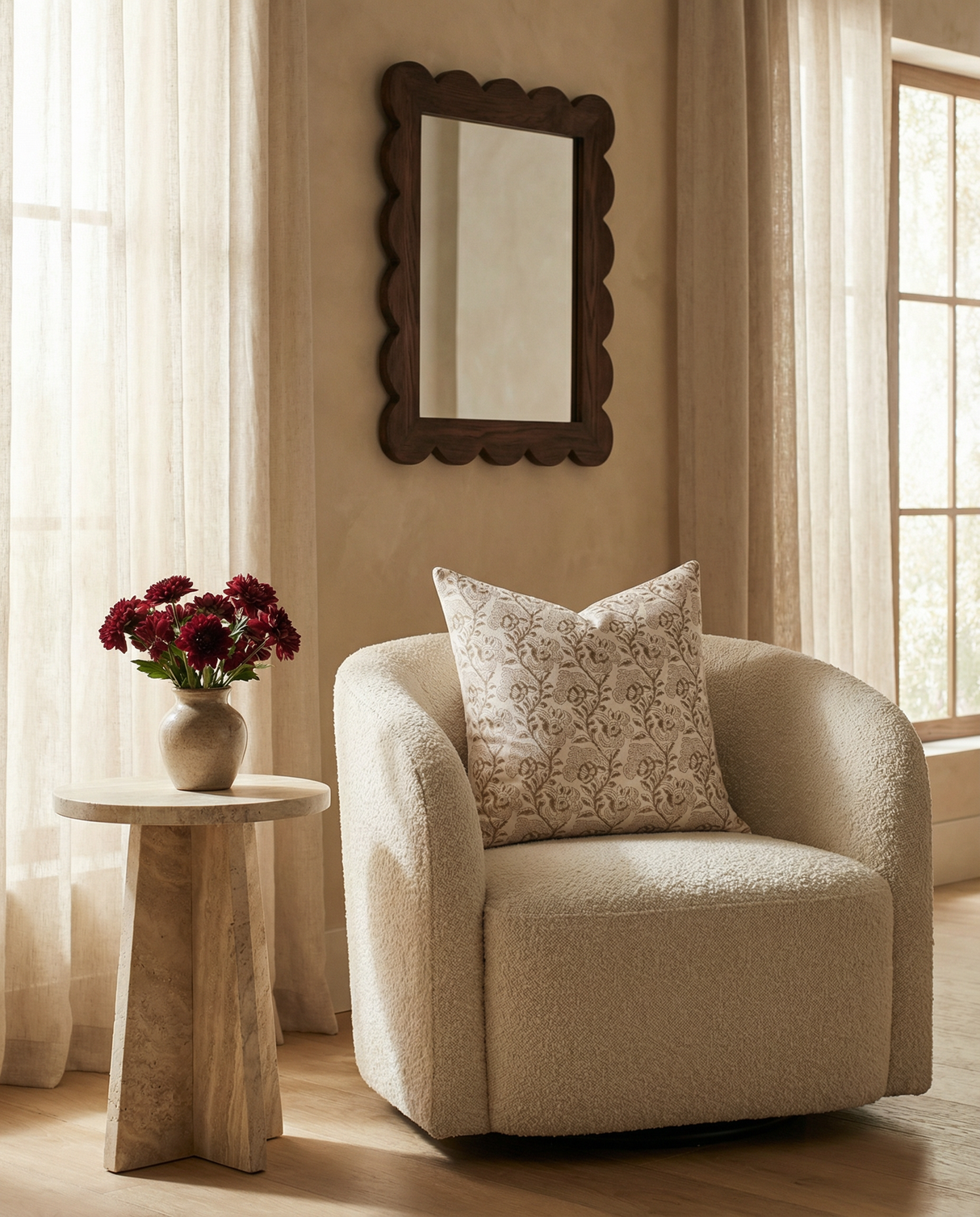 Magnolia Floral Block Printed Pillow Cover | Burgundy, Mustard