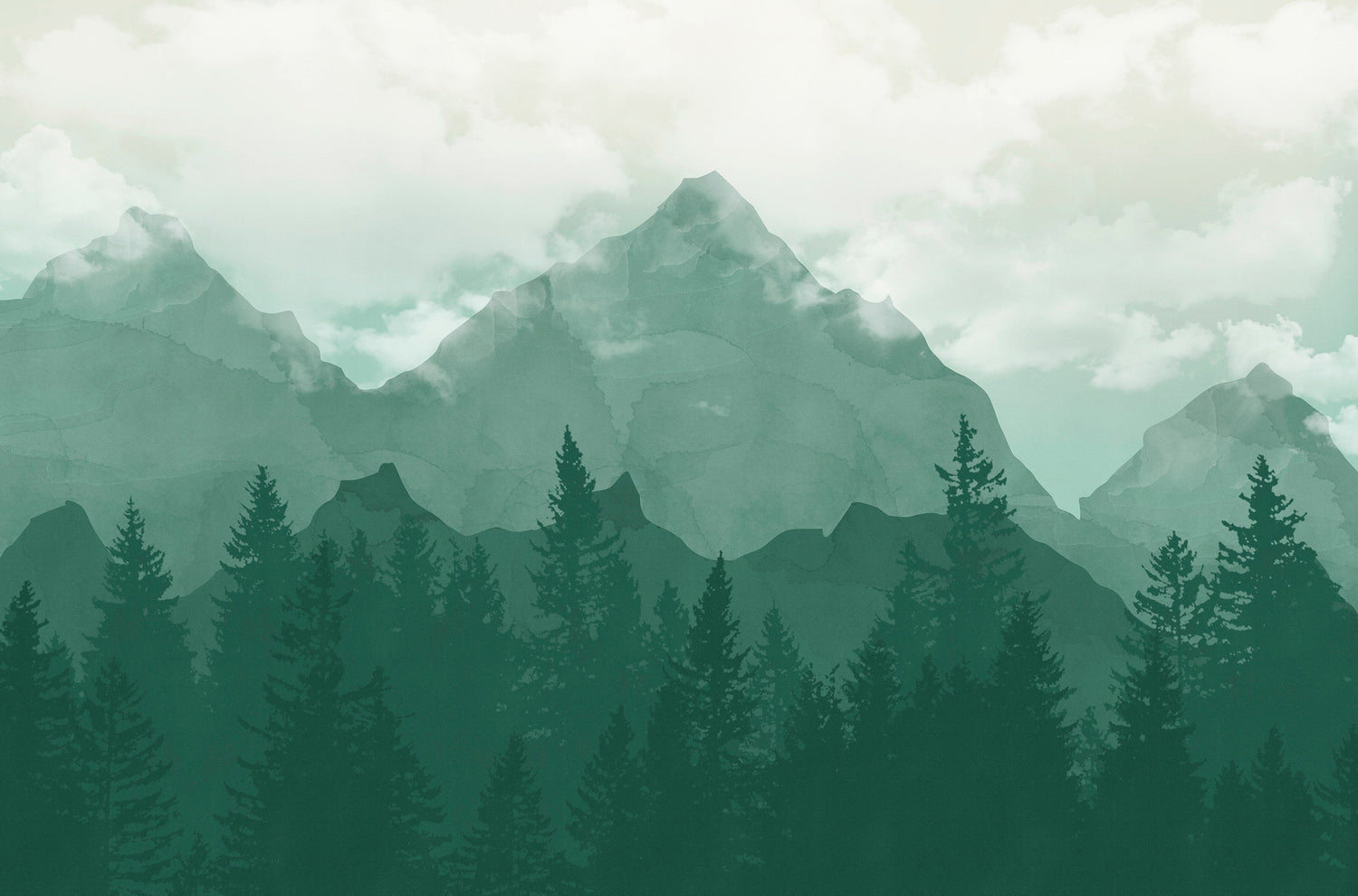 Serene Mountain Forest Wallpaper - Tranquil Green Landscape Mural