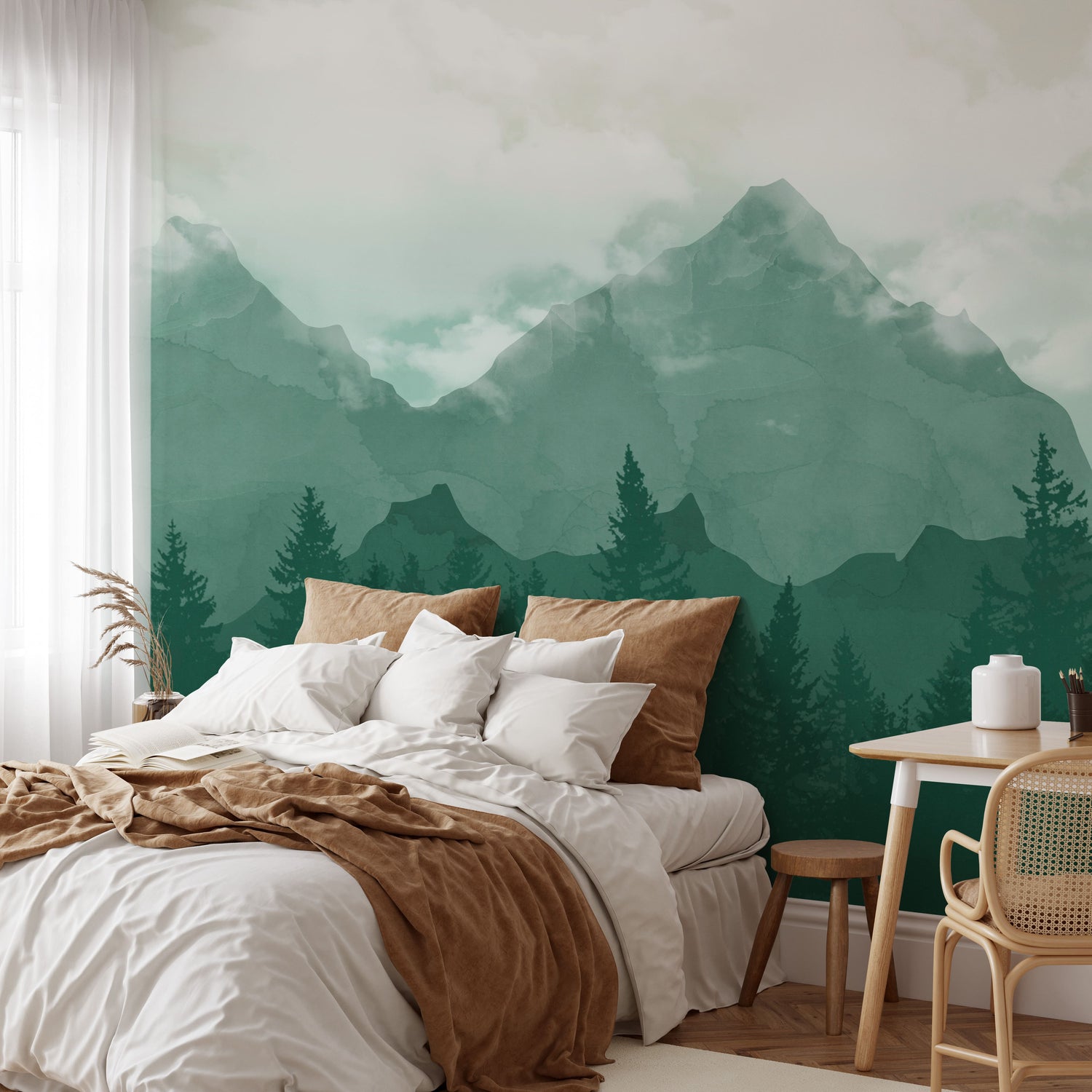 Serene Mountain Forest Wallpaper - Tranquil Green Landscape Mural