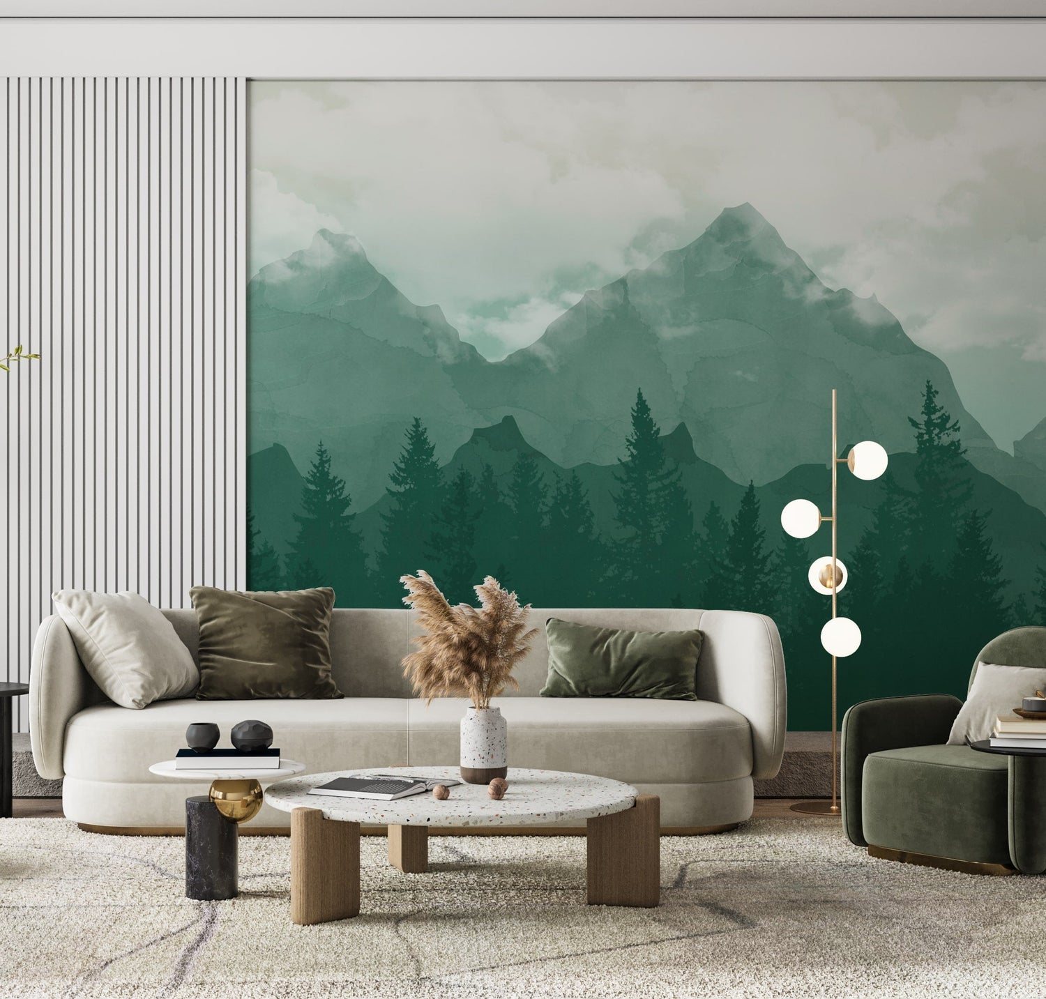 Serene Mountain Forest Wallpaper - Tranquil Green Landscape Mural