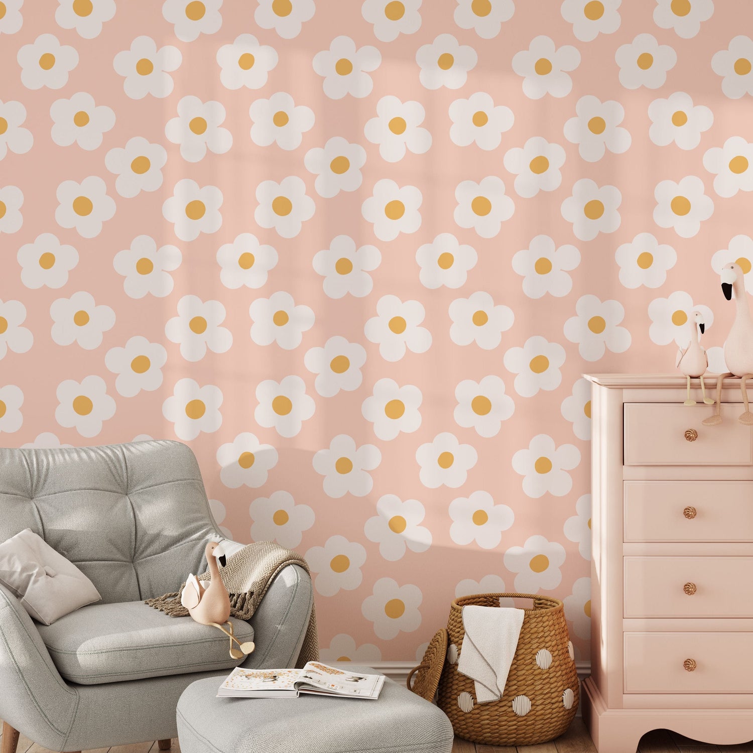 Cute Scandinavian Daisy Wallpaper with Peach Background