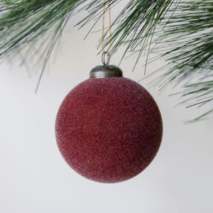 Set of 6 Flocked 3" Bordeaux Glass Ornaments for Holiday Tree Decoration, Elegant Winter Accents