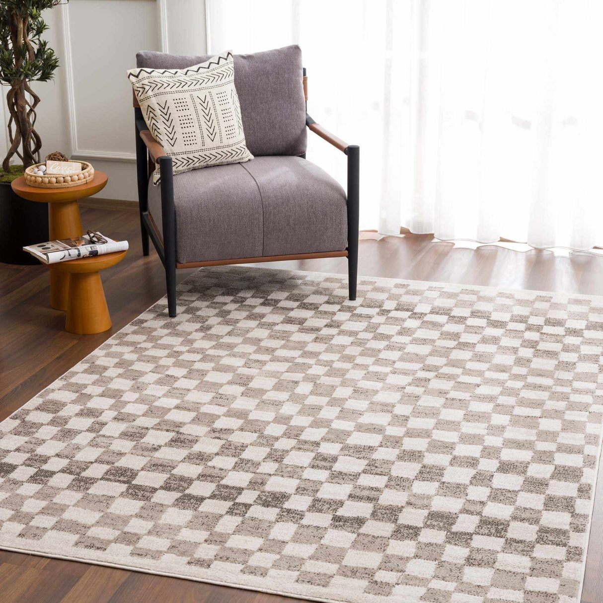 Benjy Beige Checkered Area Rug