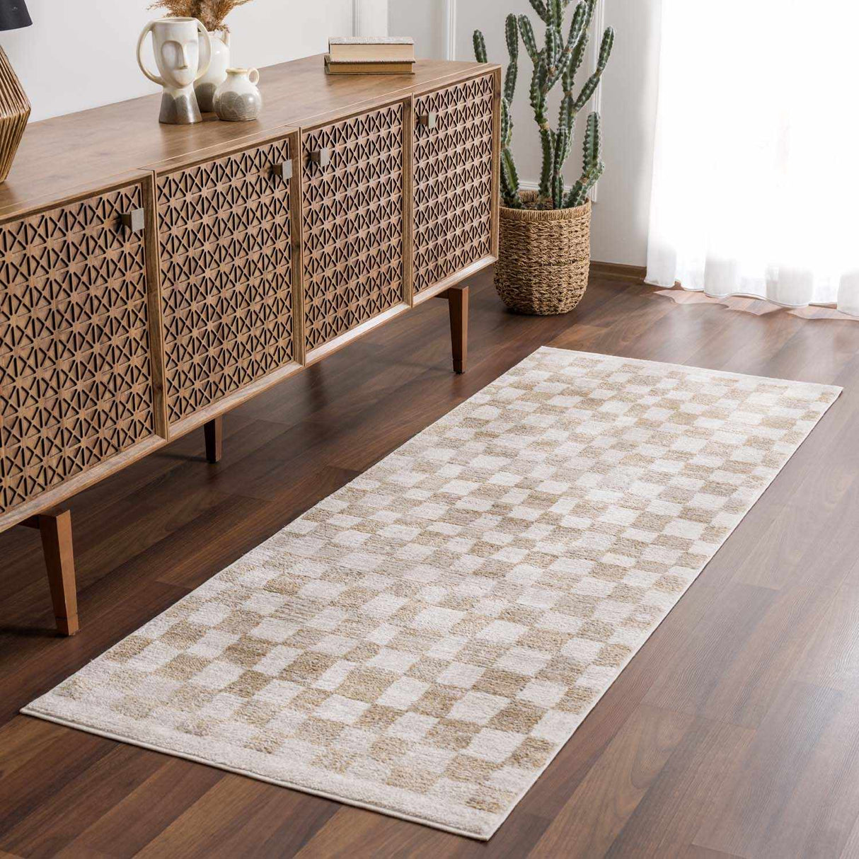 Benjy Cream & Gold Checkered Area Rug