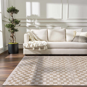 Benjy Cream & Gold Checkered Area Rug