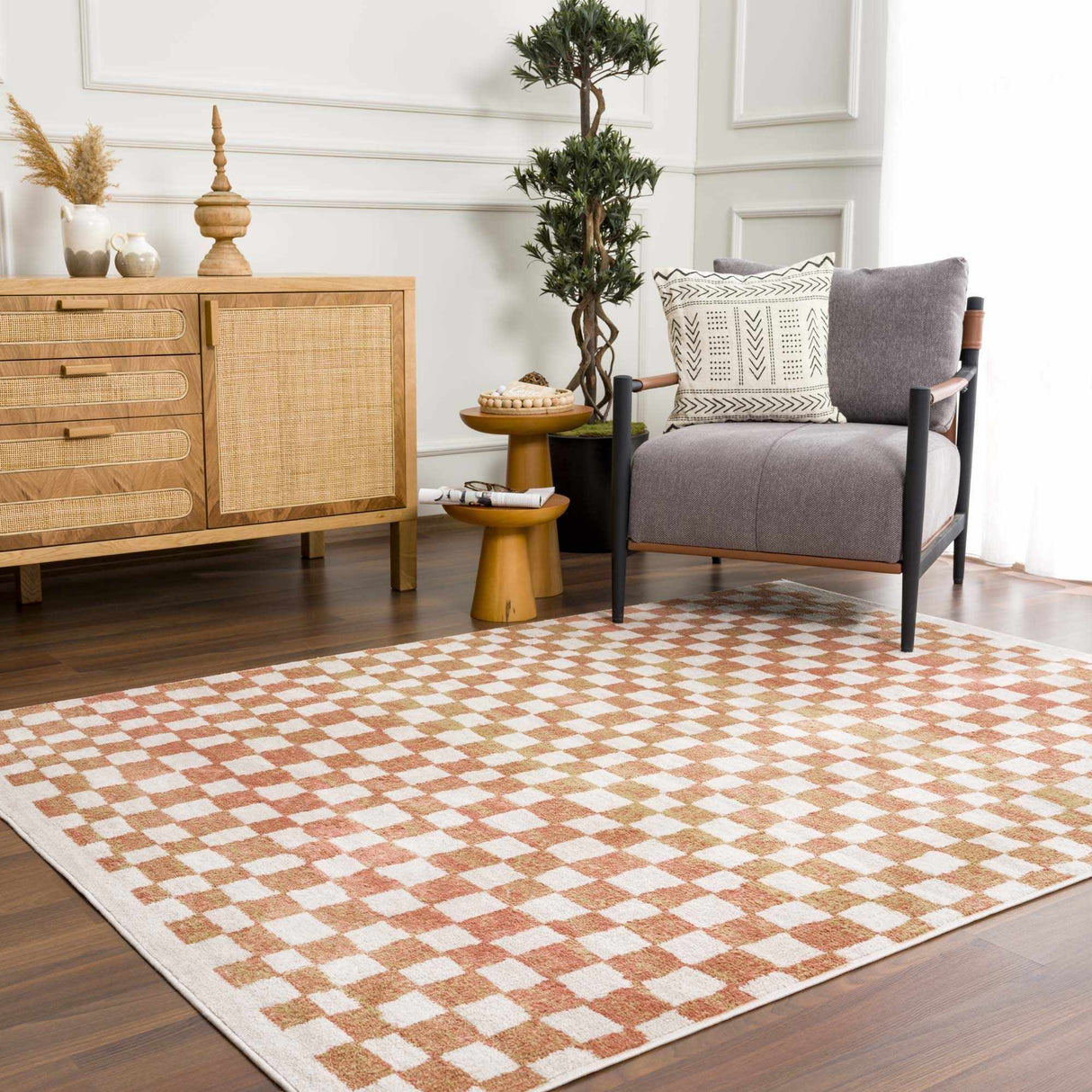 Benjy Cream & Salmon Checkered Area Rug