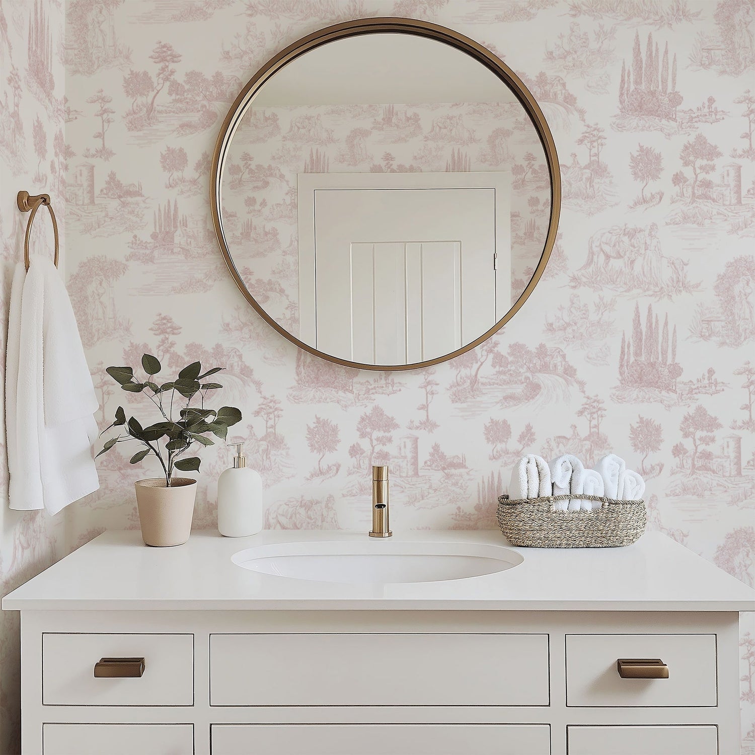 Pastoral Romance - Pale Pink Toile Landscape Wallpaper