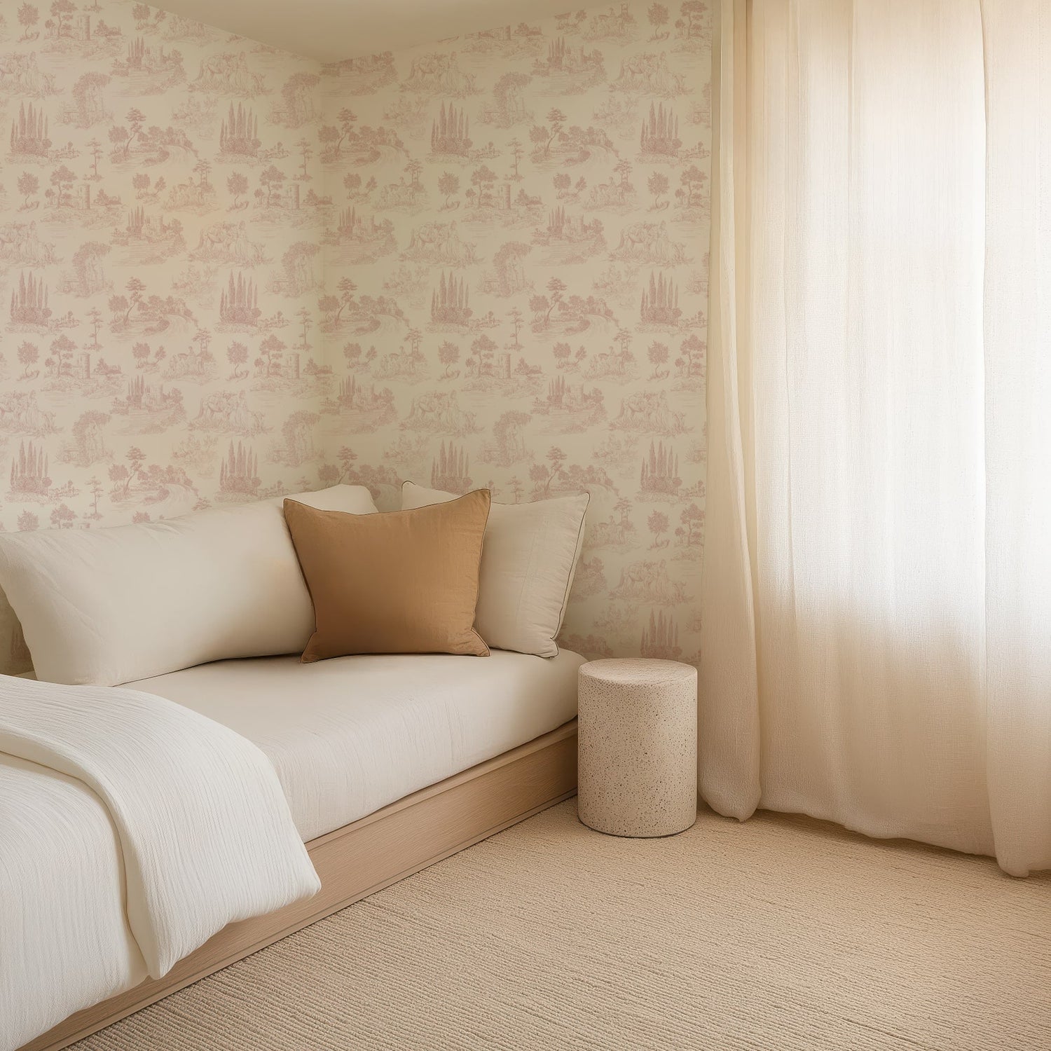 Pastoral Romance - Pale Pink Toile Landscape Wallpaper