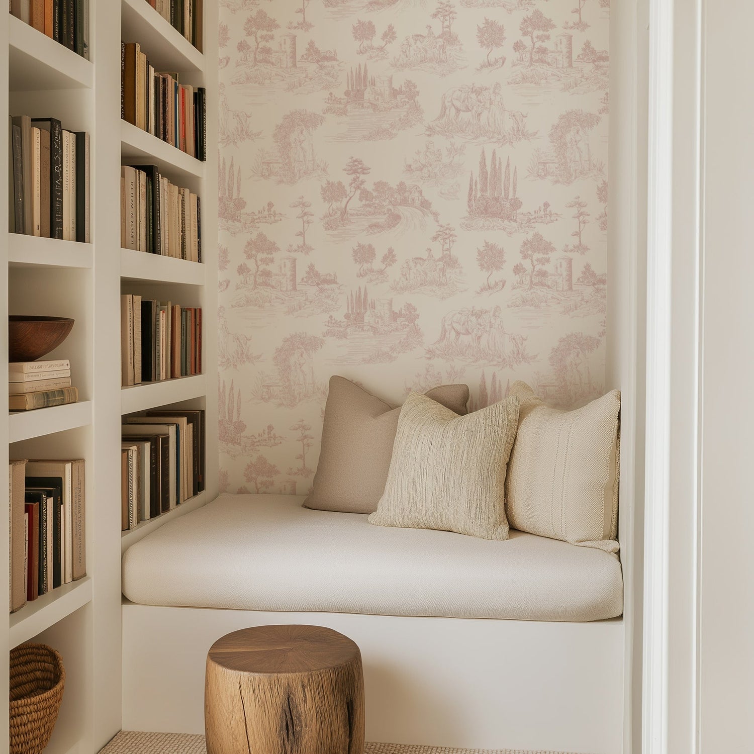 Pastoral Romance - Pale Pink Toile Landscape Wallpaper