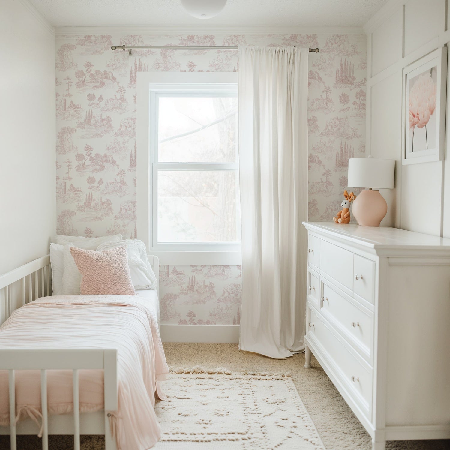 Pastoral Romance - Pale Pink Toile Landscape Wallpaper