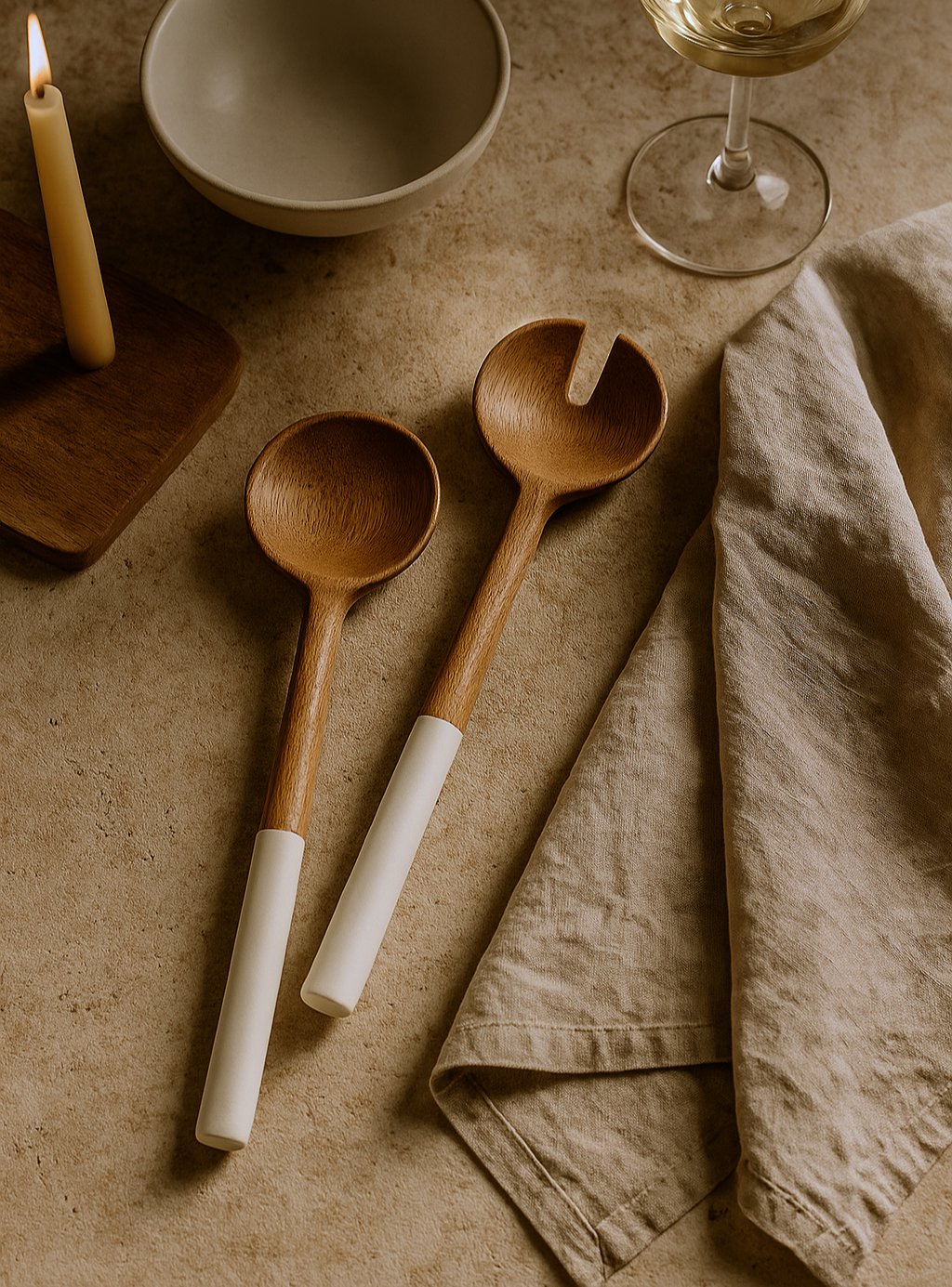 Palmer Wood + White Salad Servers, Set of 2