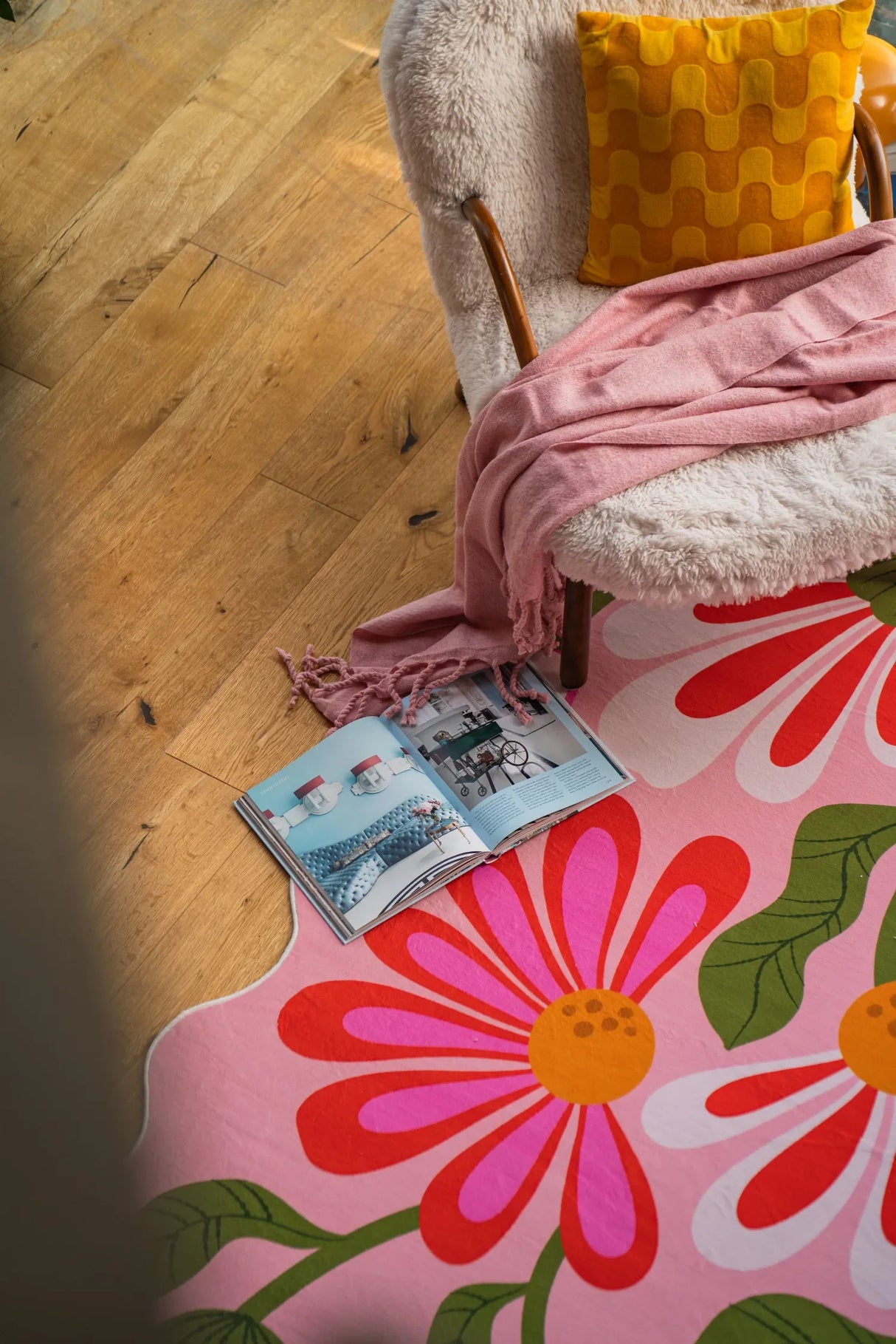 Pink Base Pink Floral Wavy Rug by Jessica Miller