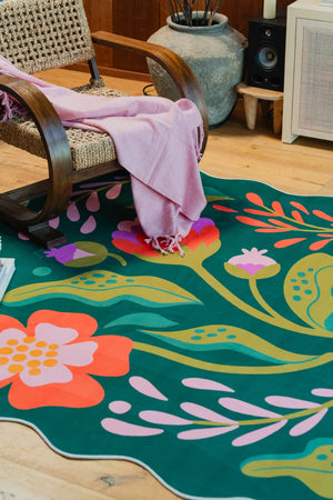 Green Base Pink Floral Wavy Rug by Jessica Miller