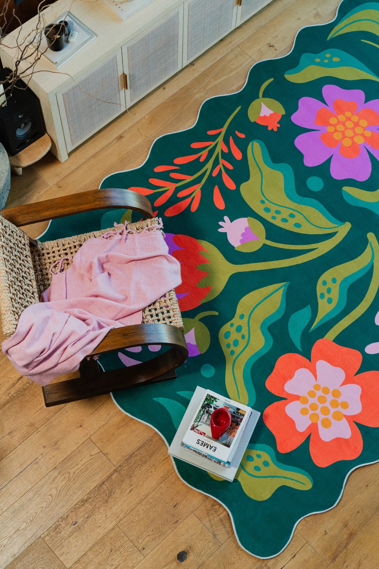 Green Base Pink Floral Wavy Rug by Jessica Miller