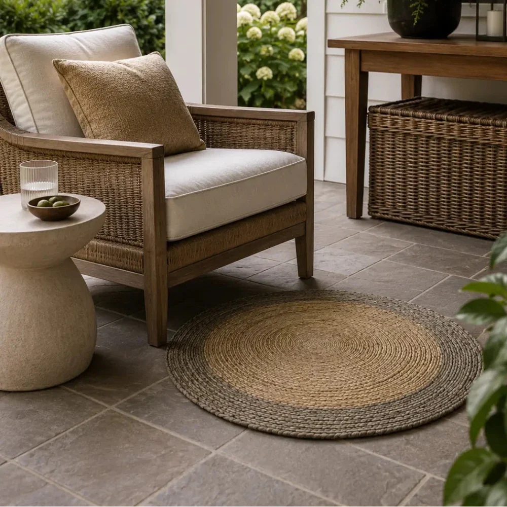 Natural and Brown Round Braided Jute Rug