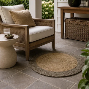 Natural and Brown Round Braided Jute Rug