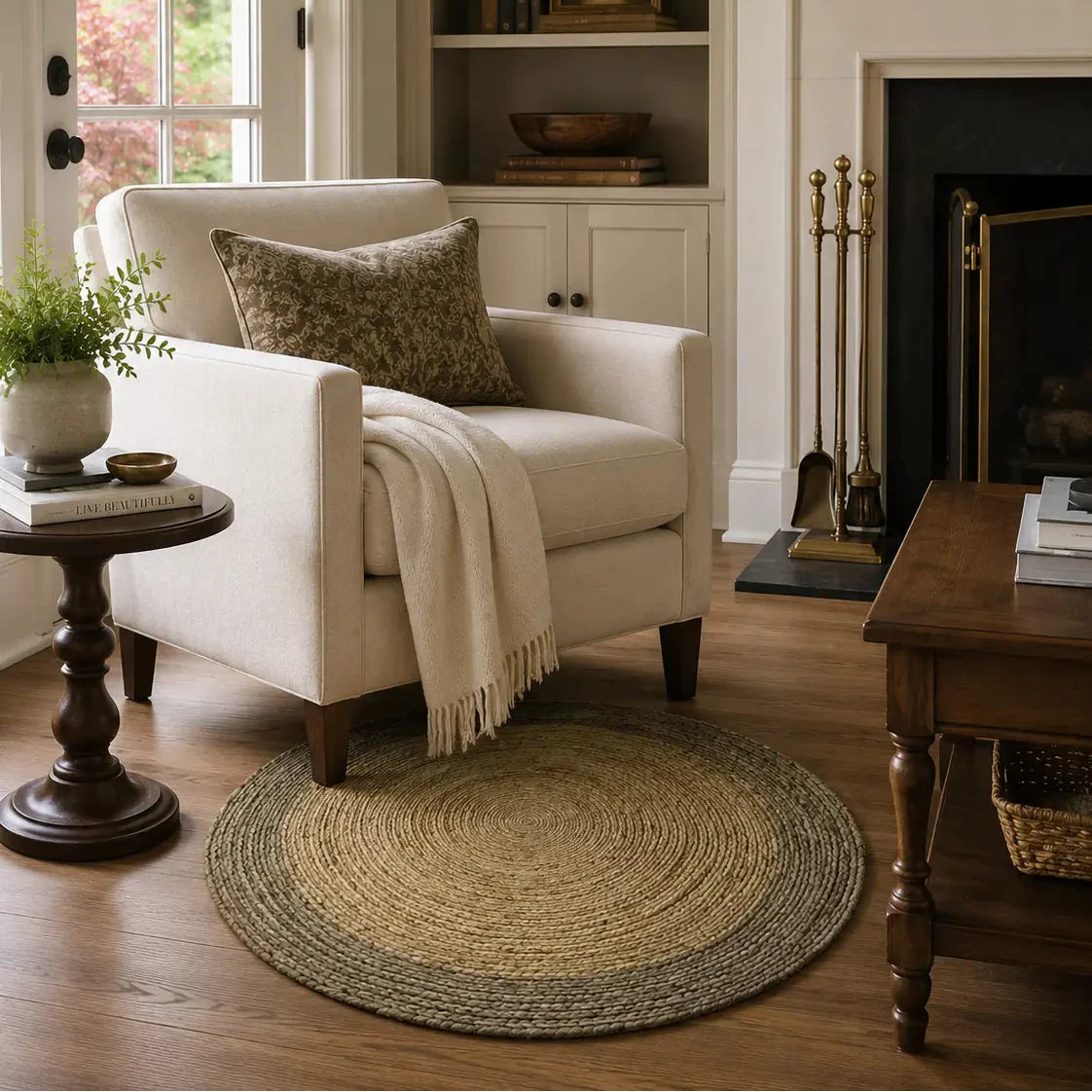 Natural and Brown Round Braided Jute Rug