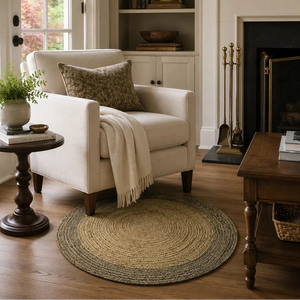 Natural and Brown Round Braided Jute Rug