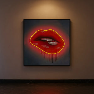 Red Lips LED Wall Art | Lip Biting Red LED Canvas with Paint Drip
