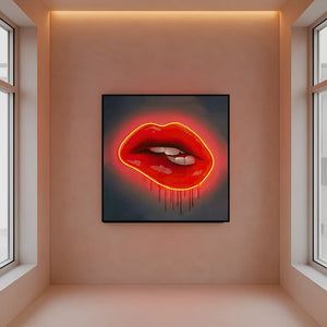 Red Lips LED Wall Art | Lip Biting Red LED Canvas with Paint Drip
