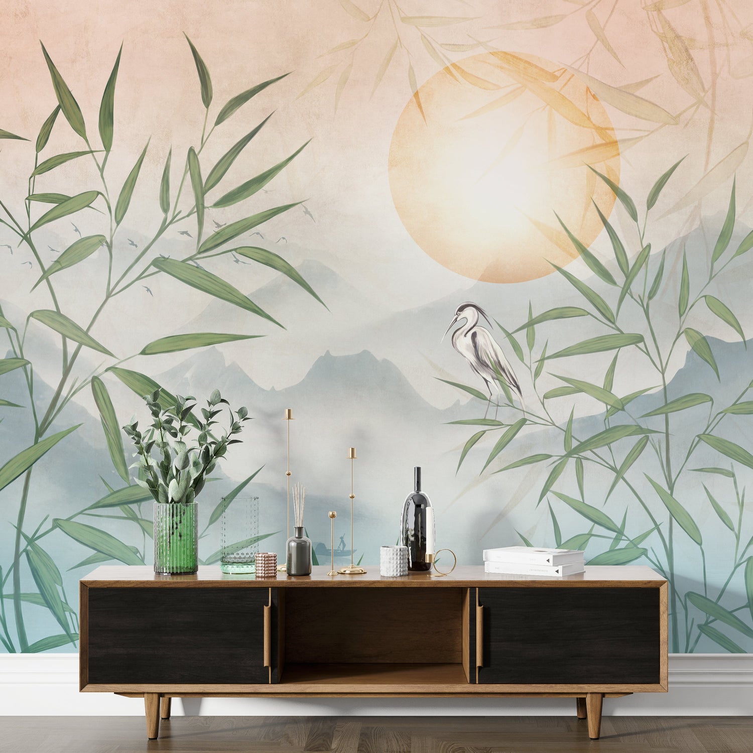 Heron and Bamboo Wallpaper Mural - Nature Scene with Mountains